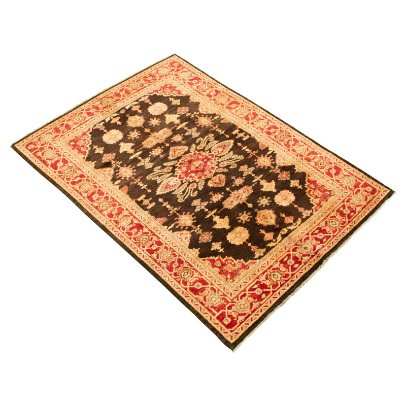 Tapis de la zone en laine brun/rouge/ivoire 6 pi 1 po x 9 pi 1 po à la main noué la 1980 chobi Carramar