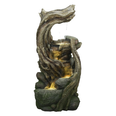 Fontaine cascade en tronc d'arbre avec lumières DEL