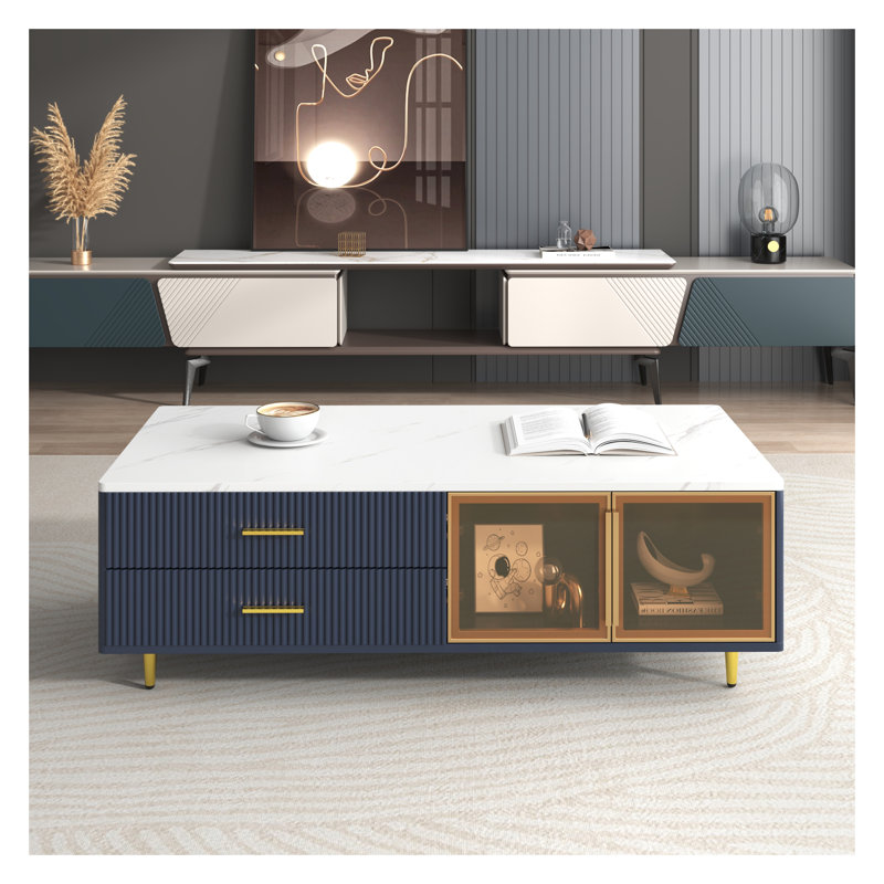 Table basse moderne bleu marine avec 4 tiroirs, 2 portes de rangement en verre, pieds en métal doré et éclairage DEL multicolore - centre de table de salon de 47,2 pouces