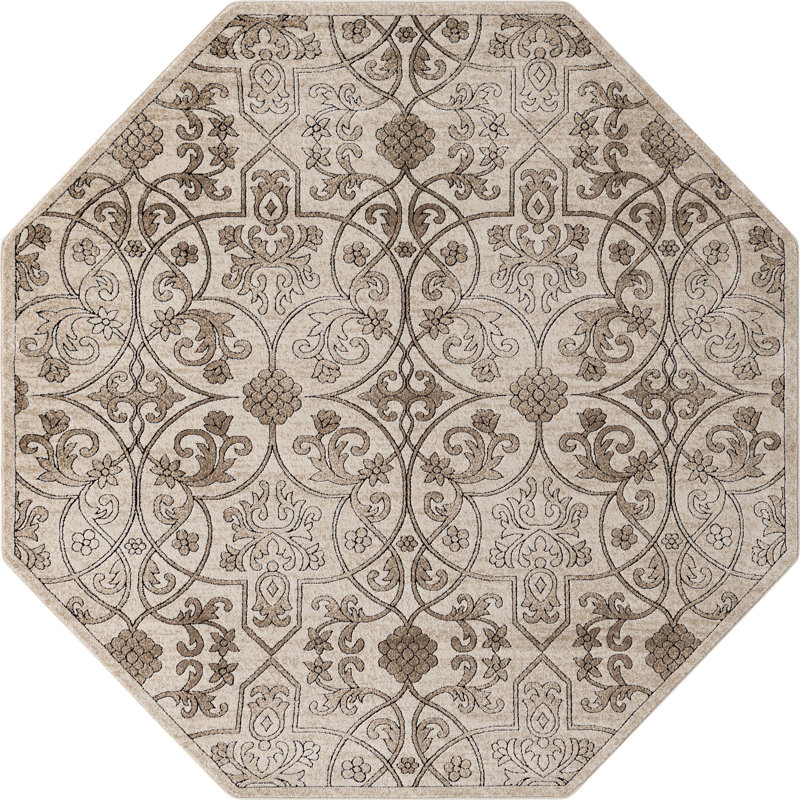 Dathon Floral Area Rug in Bone, Octagon 7'