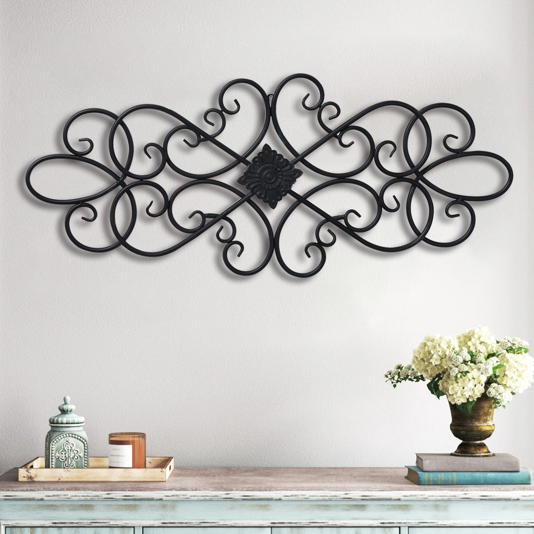 Wrought Iron Wall Decor 32" x 13", Hanging Flower Scroll Metal Wall Art Decor Lark Manor™ 