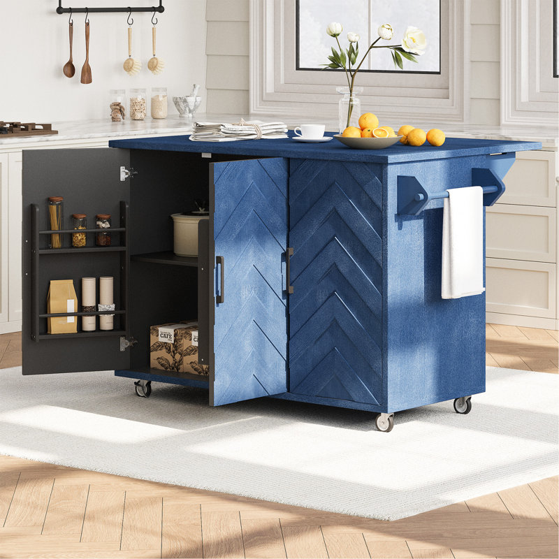 Versatile 3D Wave Stripes Ash Veneer Kitchen Island With Practical Features, Navy Blue