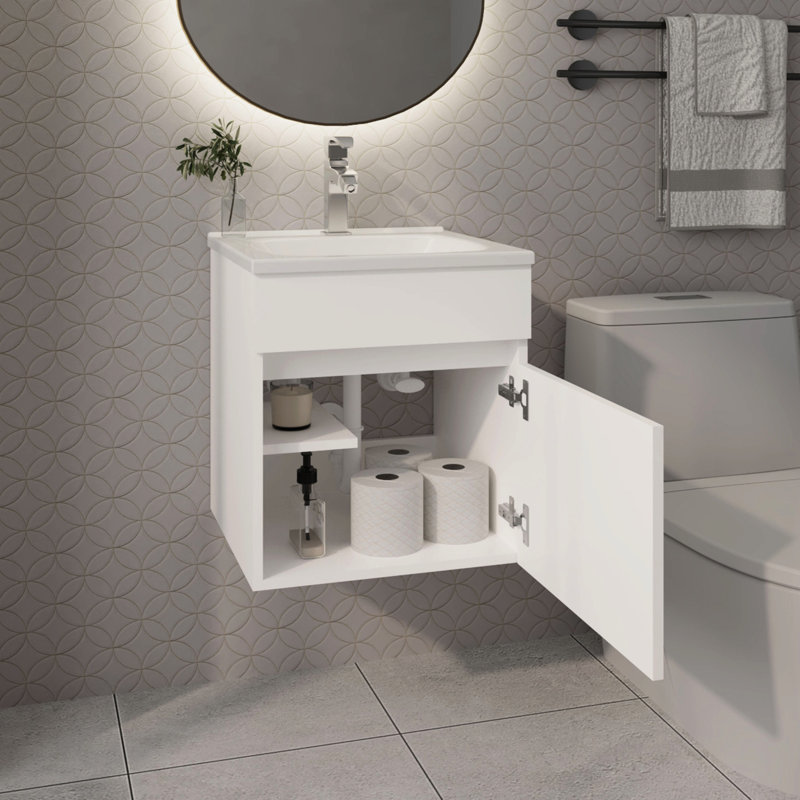 Meuble-lavabo flottant blanc à une porte avec lavabo, fixation murale, esthétique contemporaine, conception peu encombrante, finition épurée, profil rectangulaire, panneau de particules et porte de lavabo intégrée intégrée,