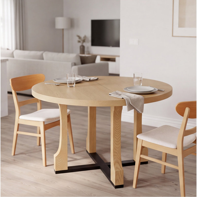 Table de salle à manger ronde 48 pouces, finition bois de frêne naturel, bois massif et panneau de fibres à densité moyenne, sièges 4