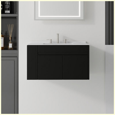Meuble-lavabo flottant 30 po avec lavabo, porte à fermeture en douceur, comptoir et dosseret en marbre de culture blanc de Carrare de 0,6 po, contreplaqué, noir