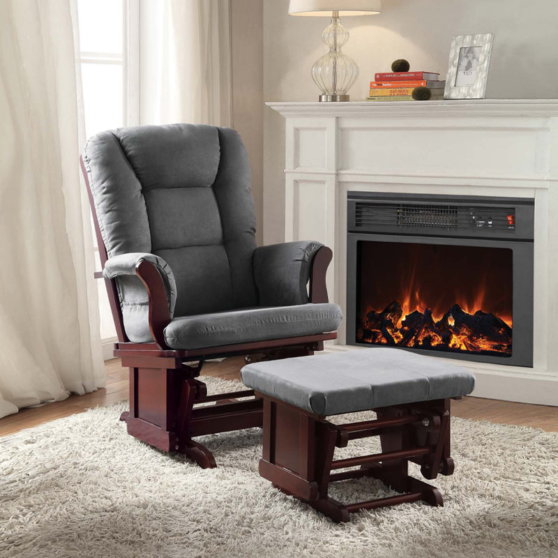 Fauteuil oscillant et repose-pieds Adeliza, microfibre grise et finition cerisier