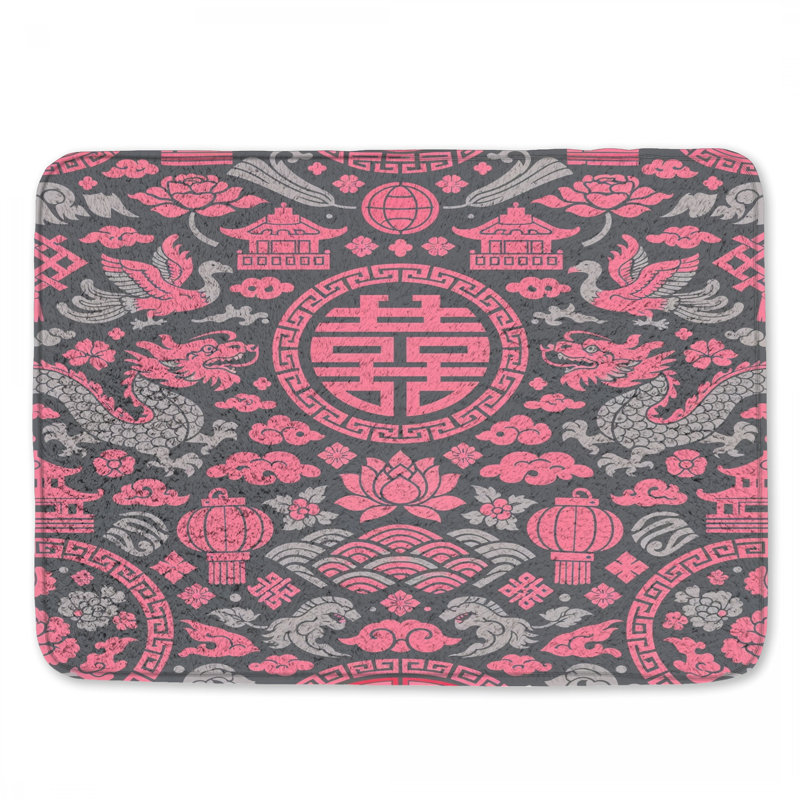 Tapis de bain rose à motif asiatique, 24in W x 17in L