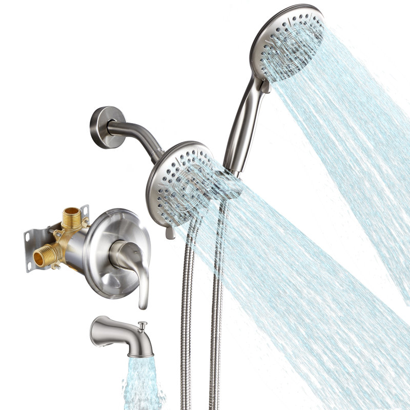 Pomme de douche double 2-en-5 à 5 fonctions avec robinet de douche et robinet de baignoire, Nickel brossé
