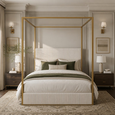 Metal Four Poster Canopy Bed with Corduroy Upholstered Headboard and footboard