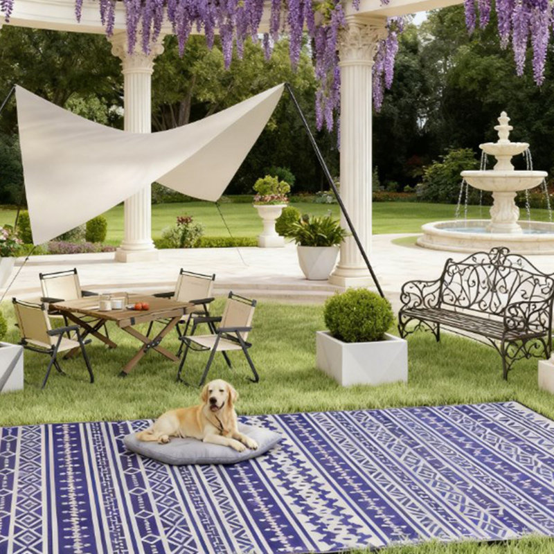 Reversible Outdoor Rug, Runner 9' x 18', Blue/White