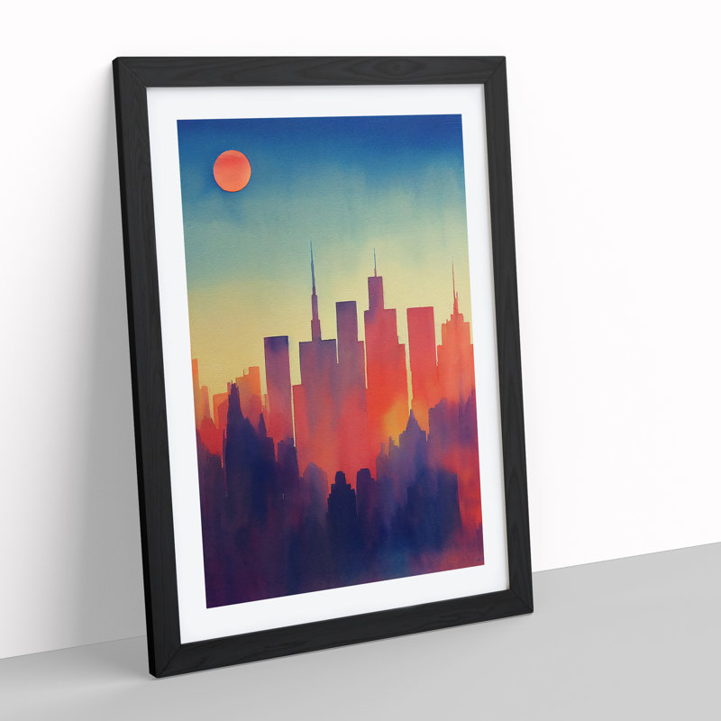 City Skyline Watercolour No.5 - Wall Art, Black Framed, 66cm H x 48cm W x 2cm D, White