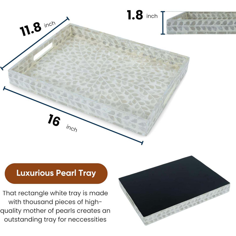 Serving Tray 15.7" X11.8", Lacquer Mother Of Pearl Inlay Mosaic Tray, Rectangle Wooden Marble Tray With Handles Trays For Tea, Breakfast In Bed, Table