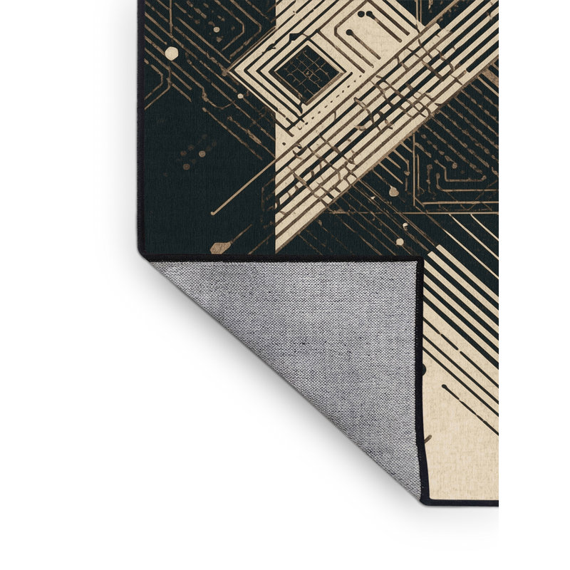 Tapis géométrique moderne noir lavable à la machine, 7 x 10
