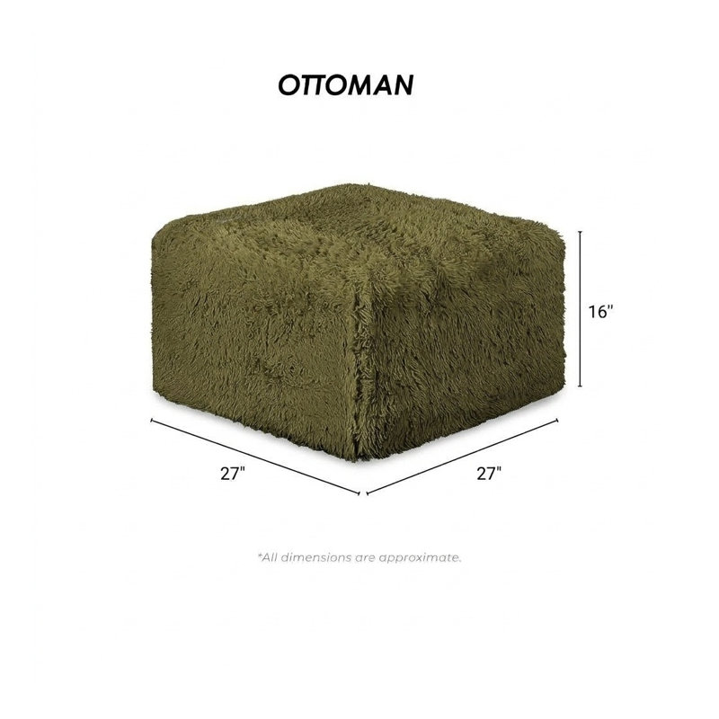 Pouf carré contemporain vert olive avec rembourrage en mousse haute densité et revêtement en fausse fourrure