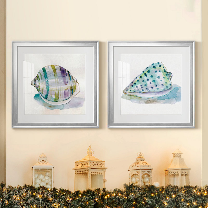 Malecon Shell III - ensemble de 2 reproductions d'art sur toile tendue, Blanc, Papier avec cadre argenté