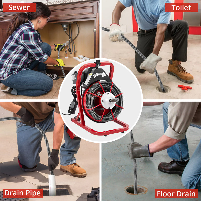 Professional Electric Drain Cleaner Machine – 75FT 3/8" Sewer Snake Auger with 4 Cutters