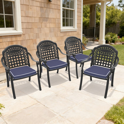 Set of 4 Stackable Patio Dining Chairs with Cushions,Cast Aluminum Frame,Black & Blue
