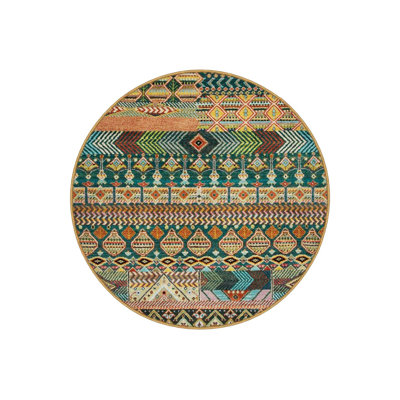 Round Green Ethnic Pattern Detailed Woven Base Modern Decorative Machine Washable Rug