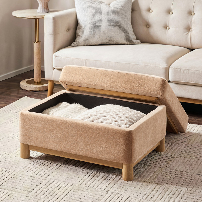 Elan Modern 30.25"W Rectangular Chenille Storage Ottoman with Reversible Flip-Top Coffee Table Tray, Camel