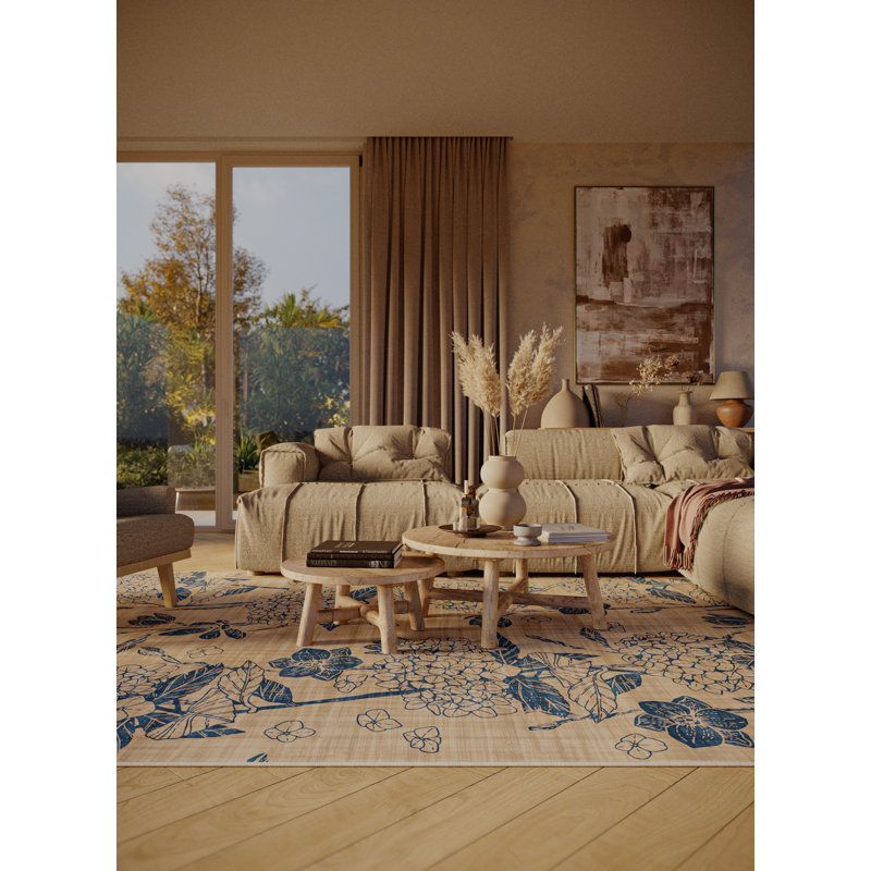 Tapis bleu / beige en chenille / polyester tissé à la machine Adelane, Rond 3 pi