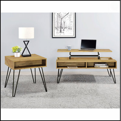 Table de bout carrée en chêne doré et noir avec rangement ouvert, parfaite pour un décor moderne et rustique