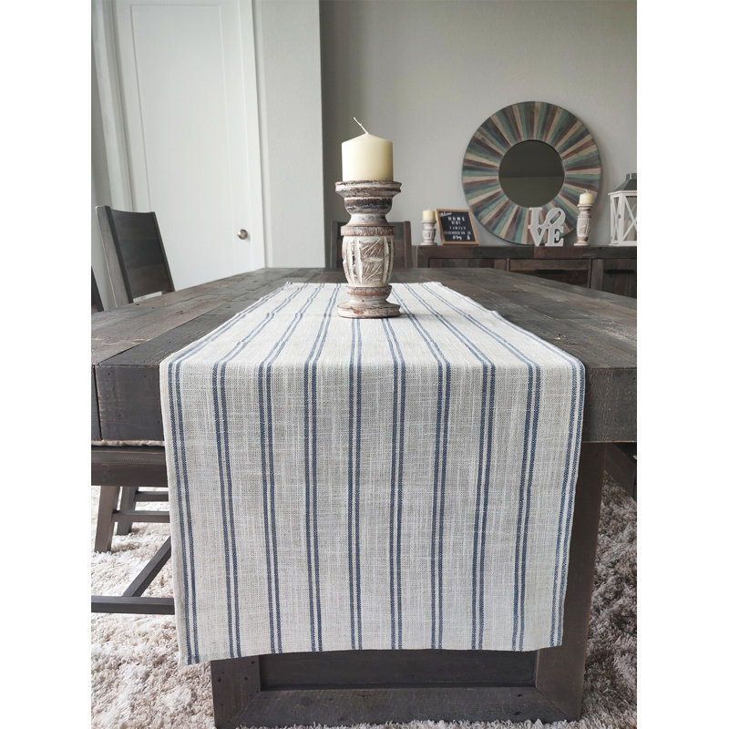 Beige-white Modern Striped Linen Blend Table Runner, 72" x 16" , Indigo/White