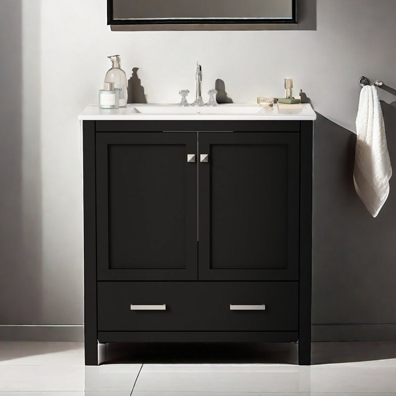 Meuble-lavabo de 30 po avec lavabo simple, meuble-lavabo encastré, armoire de rangement avec 2 portes et un tiroir, fermeture en douceur, rangement multifonctionnel, structure en bois massif