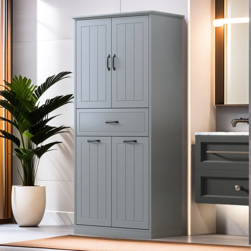 Armoire de rangement de salle de bain moderne avec deux paniers à linge, portes et tiroir pour l'organisation de la maison