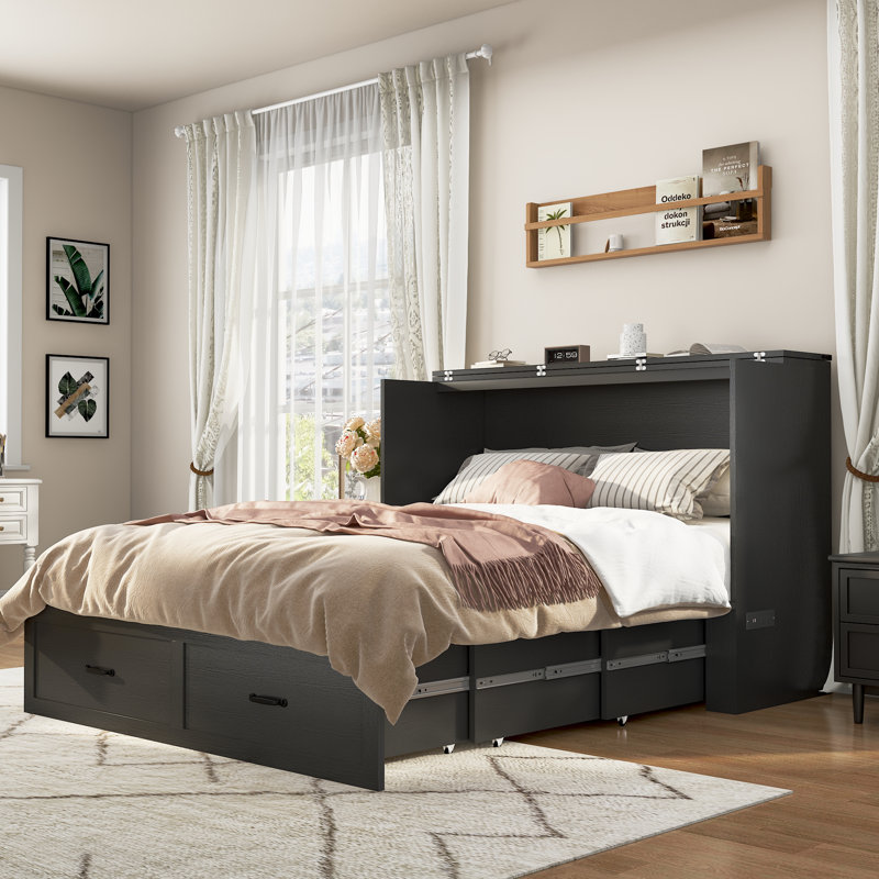 Queen Size Farmhouse Wood Murphy Chest Bed, Space-Saving Hidden Folding Storage Cabinet Bed with Drawer & Built-In Charging Station for Bedroom & Office