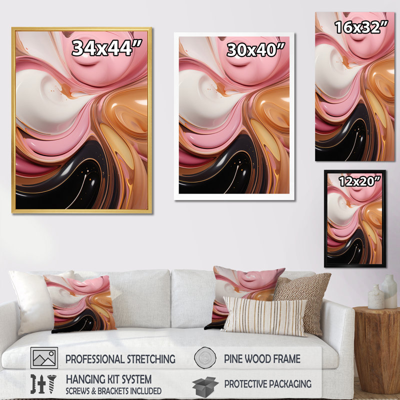«Whimsical Lquid» rose et or Glam Art - formes abstraites sur toile, H 32 po x l 16 po x P 1 po, Cadre naturel flottant