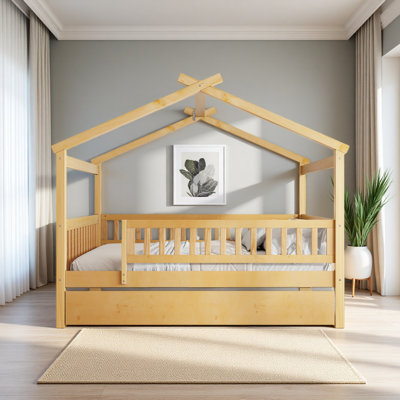 Wooden House Bed With Twin Size Trundle