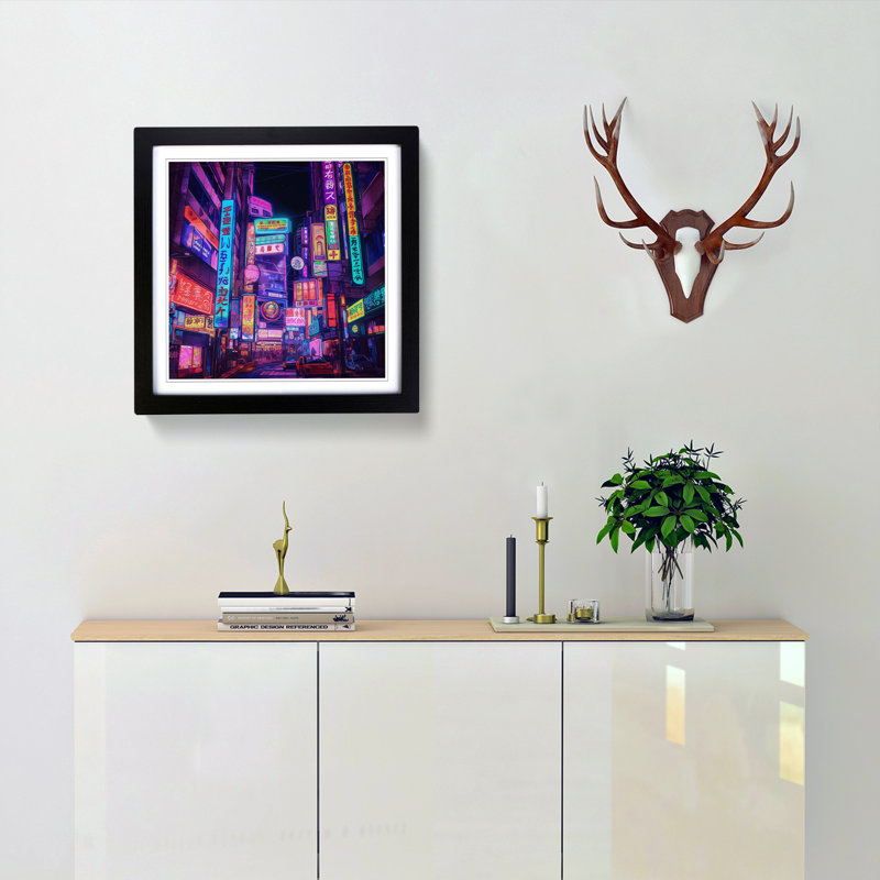 City Of Tokyo Neon Art - Single Picture Frame Print on Wood, Black