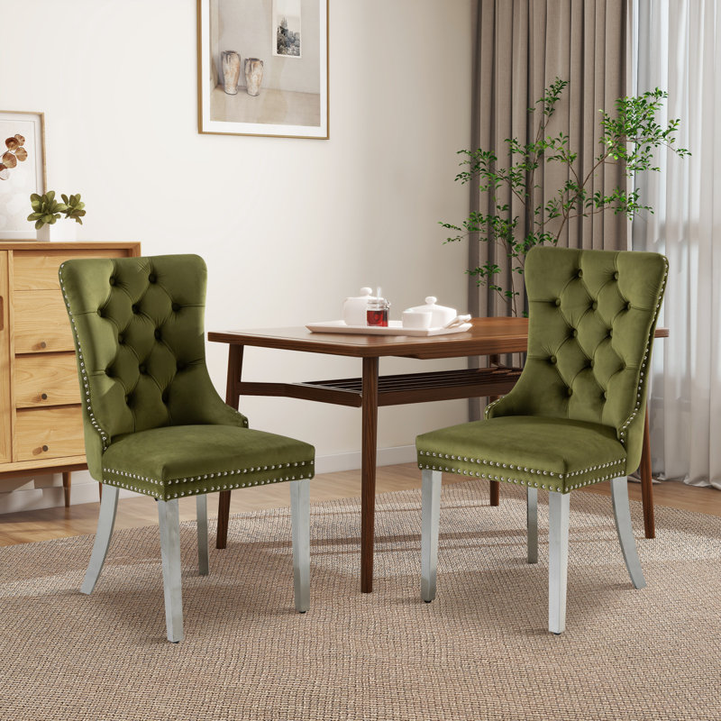 Geddy 20'' H Tufted Velvet Upholstered Side Chair, Silver, Olive Green