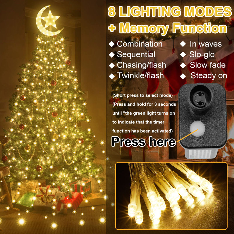 350Leds Waterfall Christmas Tree String Lights With Moon Star Topper, Yellow