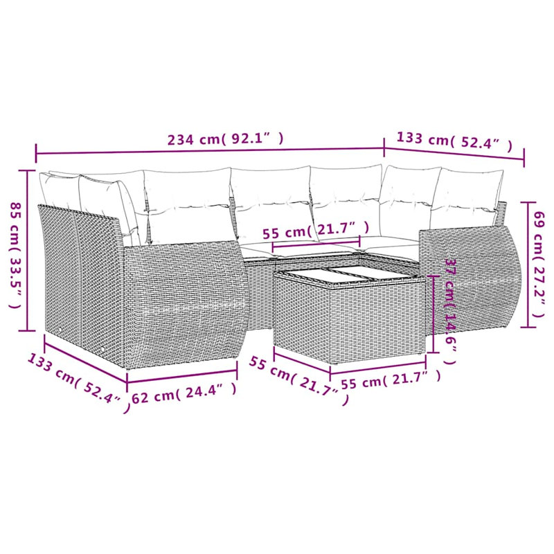  Ensemble de canapé de patio 7 pièces avec coussins en rotin de polyester gris