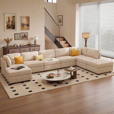 Benevides Modular Combination Sofa, Large L-Shaped With Ottoman, Corduroy With Spring-Wrapped Cushions, With A Capacity Of 8 Seats, Comfortable Living