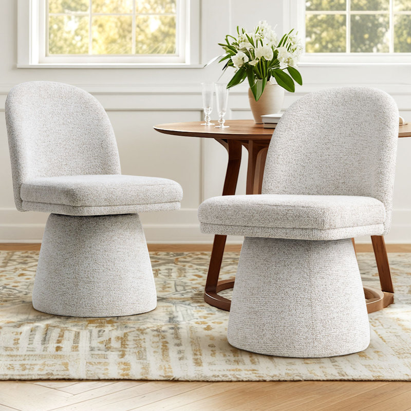Upholstered Tweed Fabric Swivel Dining Chairs, Cream