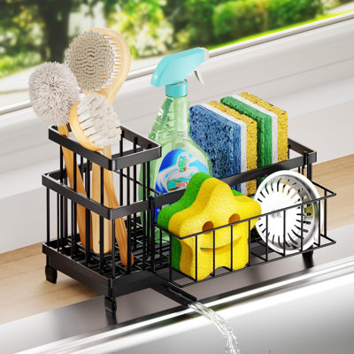 Porte-éponge en acier inoxydable avec plateau de vidange automatique à 360 ° - Organisateur de cuisine antirouille pour éponges, savon et brosses - Solution de rangement de comptoir multifonctionnelle