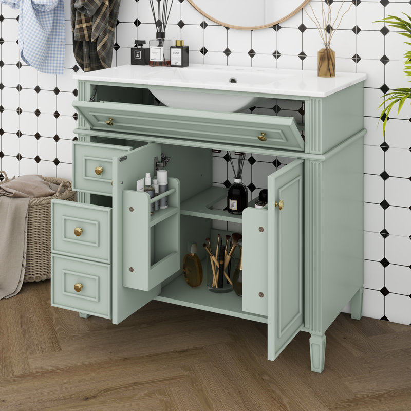 36" Bathroom Vanity With Ceramic Sink, Free Standing Single Basin Vanity Set With Tip-Out Drawer, 3 Drawers, And 2 Doors