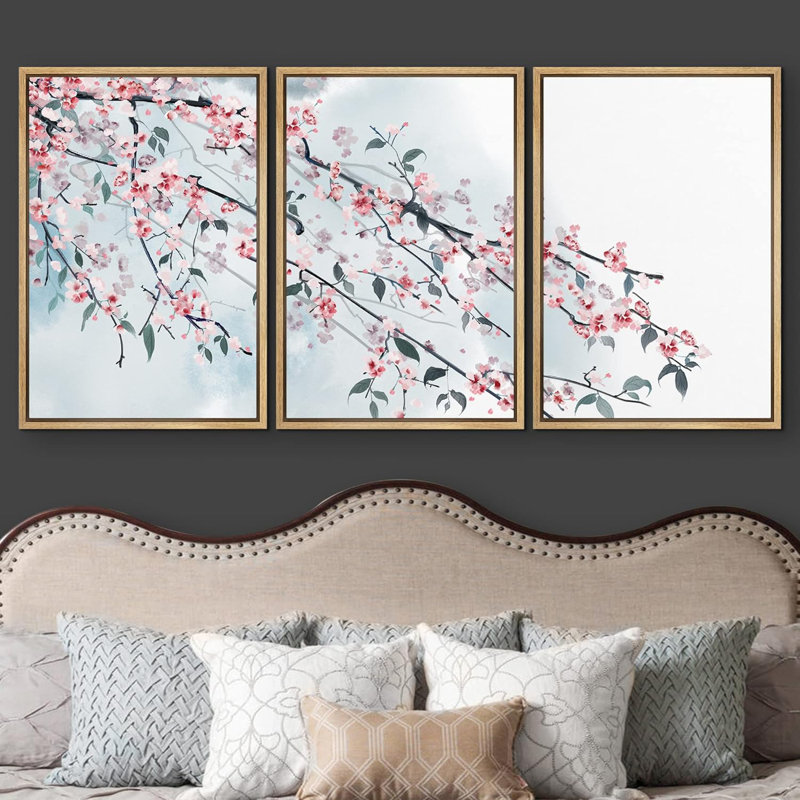 Peinture murale à l'encre de style cerisier rose sur une branche, H 36 po x l 72 po, Cadre naturel flottant