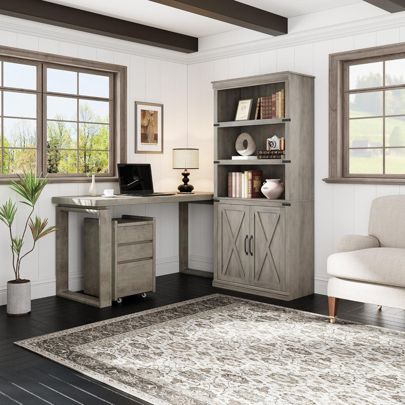 Duanna 5 Tier Bookcase with Cabinet, Farmhouse BookShelf with Storage Doors, for Home Office, Living Room, Gray