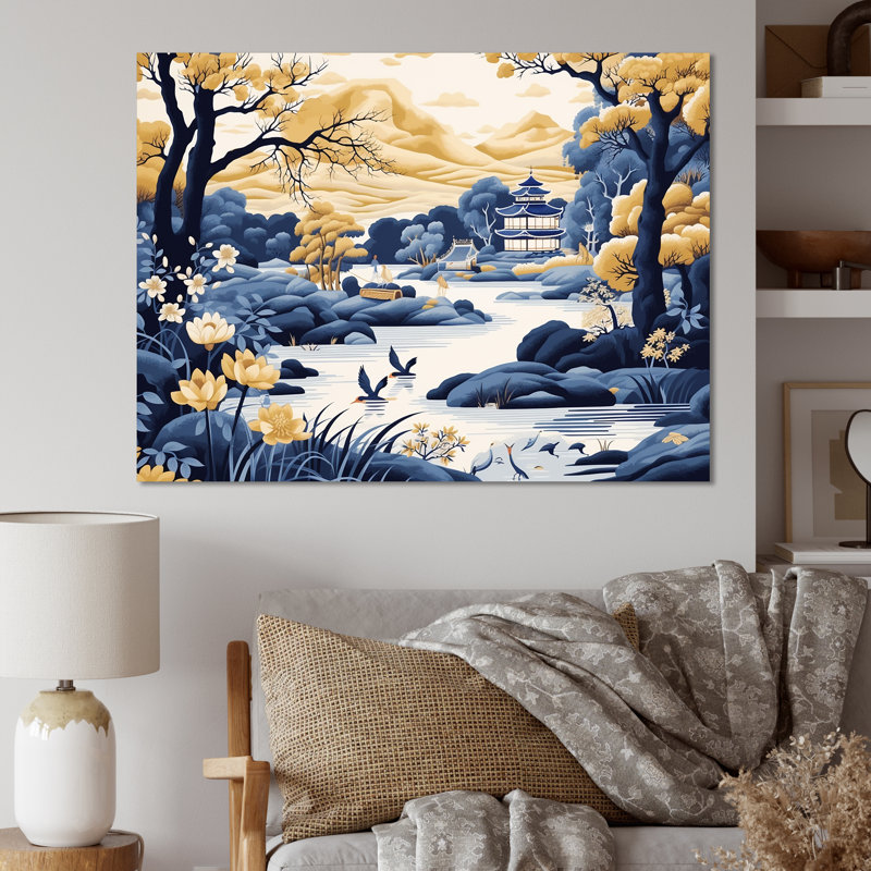 «Blue and Yellow China Blooming Landscape I», art mural Chine, Toile tendue, H 34 po x l 44 po x P 1,5 po