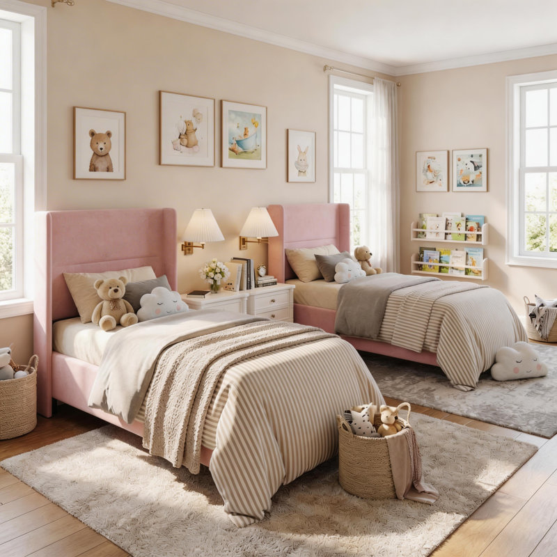 2 Set of Twin Size Bed Frame with Wingback Headboard, Velvet Upholstered Platform Bed Frame, Strong Wooden Slats, No Box Spring Needed, Easy Assembly, Pink
