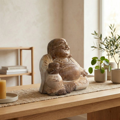 8" White Washed Wooden Laughing Happy Buddha Statue Hand Carved Smiling Sitting Sculpture Figurine Home Decor Handcrafted Art Decoration
