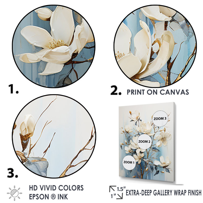 «White and Blue Magnolia Blossom Beauty II», reproduction sur toile, Cadre doré simple, H 40 po x l 30 po x P 1,5 po