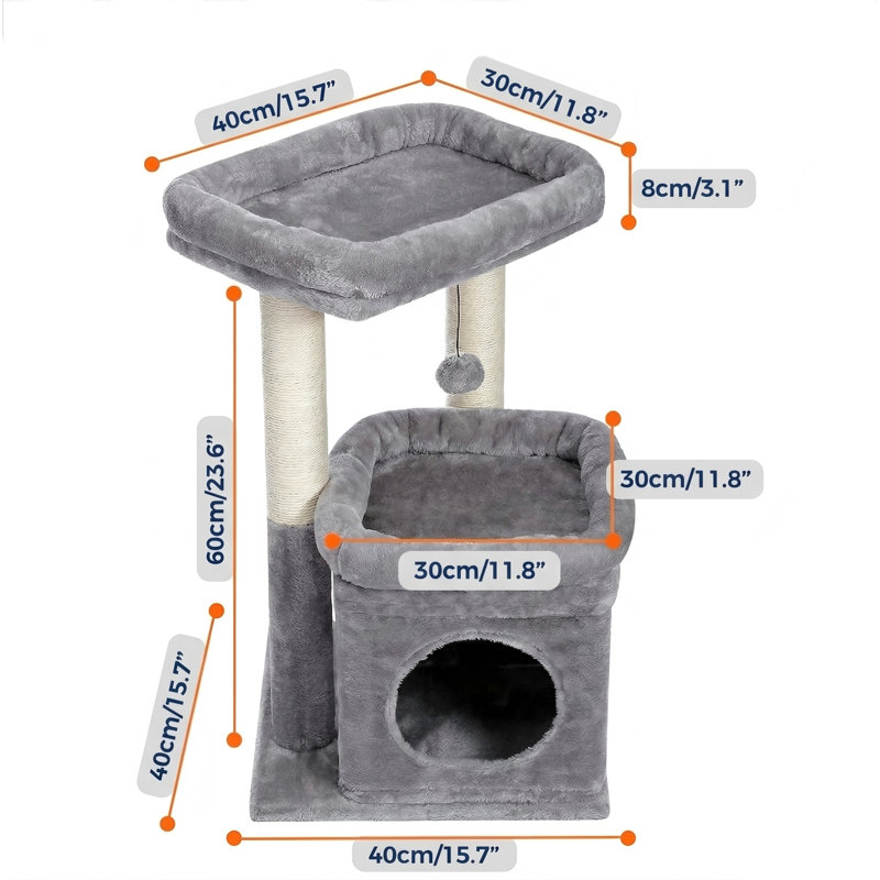Tour à chat pour chats d'intérieur, condo pour chat privé, poteaux à griffer en sisal naturel, pompon en peluche, pour petits chats