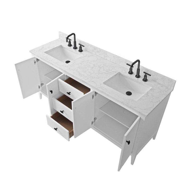 Ensemble de meuble-lavabo autoportant à double cuve 72 po avec plateau en marbre Lavallon, Blanc linéaire, Noir mat