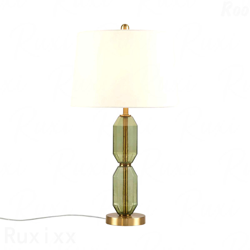 Table Lamp - Modern Faceted Green Glass Table Lamp with White Fabric Shade