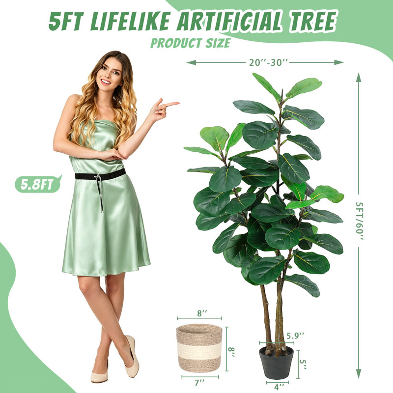 Figuier lyre artificiel de 1,5 m avec pot – Faux Ficus lyrata réaliste pour la décoration du salon, du bureau et de l'entrée