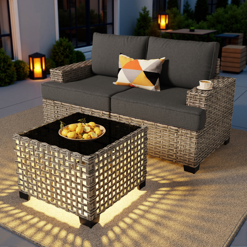 Modern Outdoor Wicker Patio Sofa Set With Solar-lit Coffee Table, Modular Seating & Wide Armrests For Backyard, Patio Or Garden